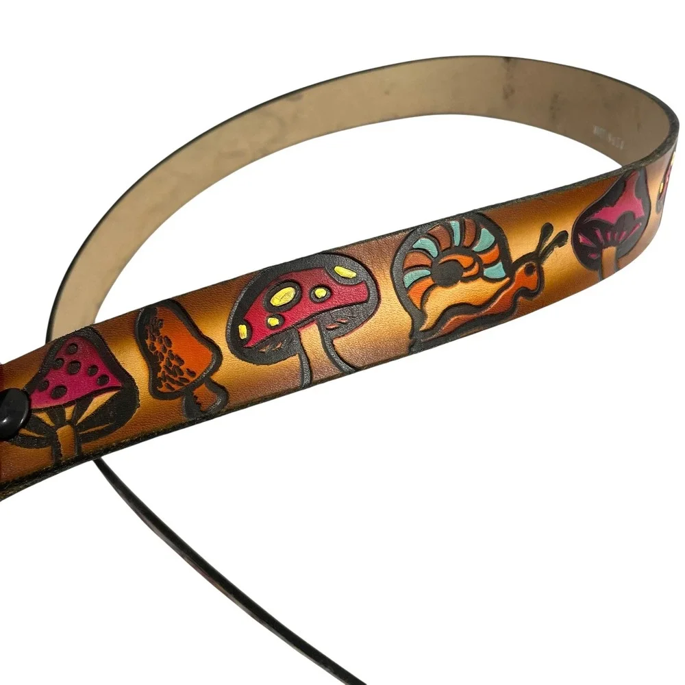 Leather handcraft tooled mushroom snails belt Whimsical western boho made in USA